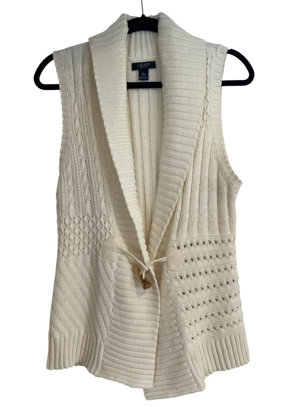 Chaps Cream Knit Shawl Collar Cottage Sleeveless Cardigan Vest w/Toggle Button-L